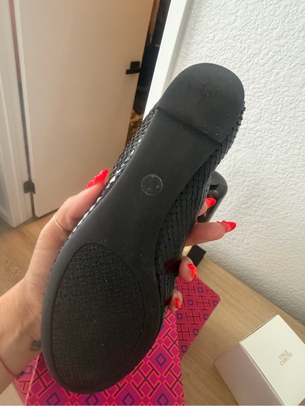 Tory Burch Black Textured Leather Ballet Flats with Gold Logo - Picture 2 of 4